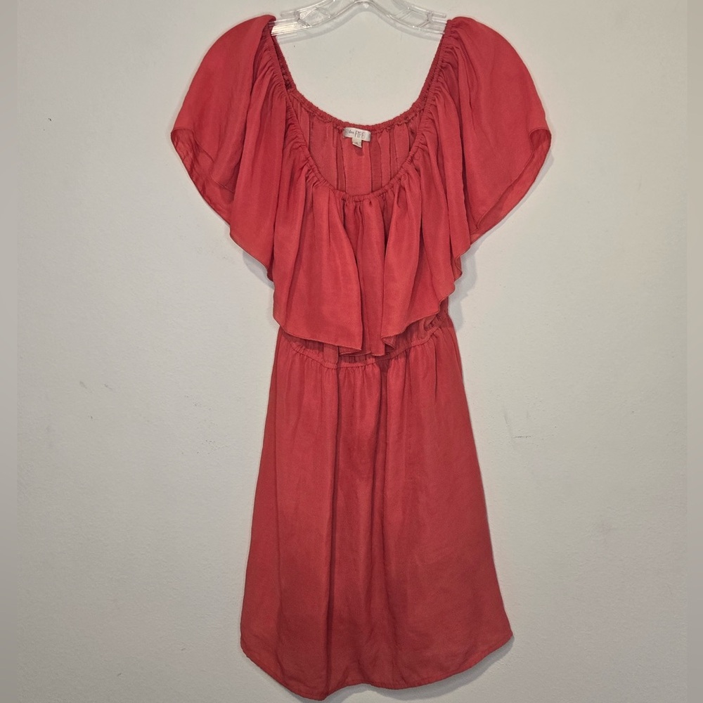 Flowy Coral-Red Short Dress with Ruffled Bodice